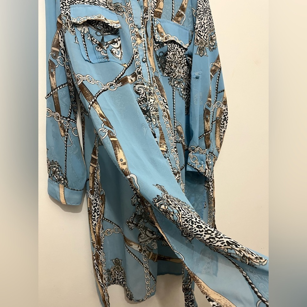 Fashion Nova Blue Chain Print Button Front Shirt Dress | Y2K - Picture 5 of 8